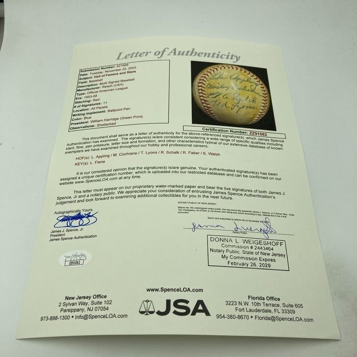 Mickey Cochrane Red Faber Ray Schalk Ed Walsh 1950's HOF Signed Baseball JSA COA