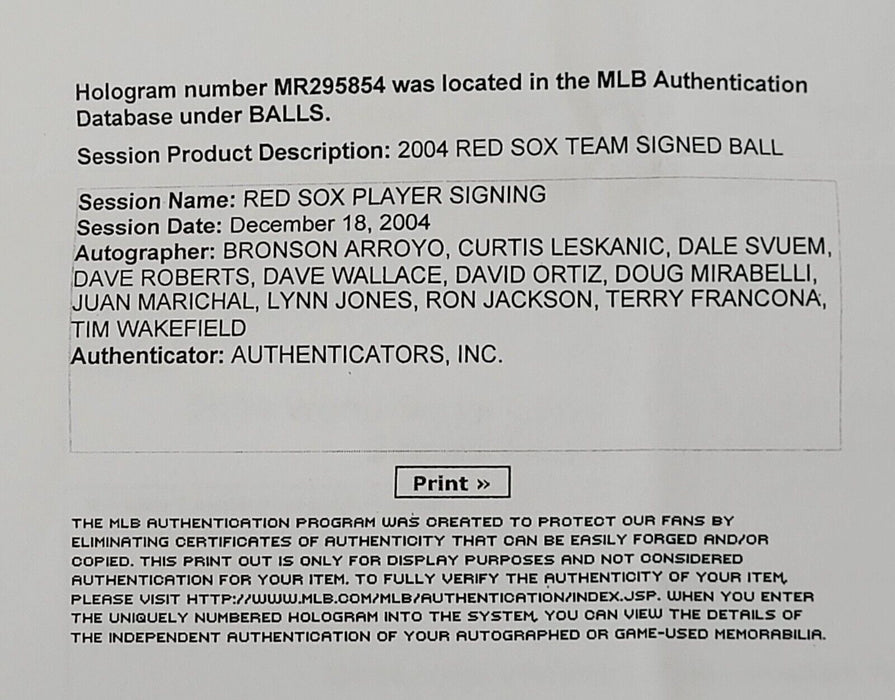 2004 Boston Red Sox World Series Champs Team Signed W.S. Baseball MLB Holo