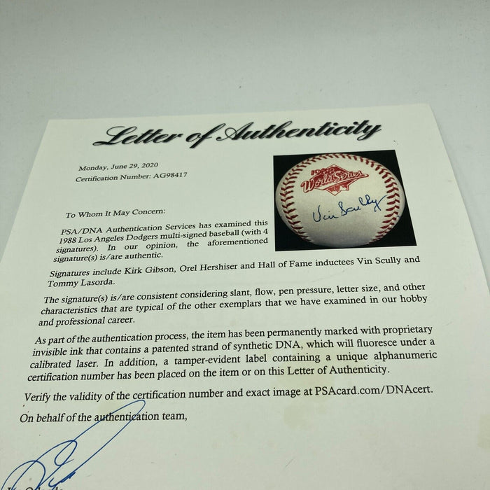 Vin Scully Kirk Gibson Lasorda Hershiser Signed 1988 World Series Baseball PSA
