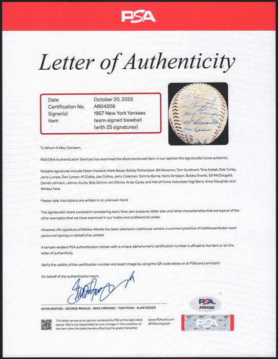 1957 New York Yankees American League Champs Team Signed AL Baseball PSA DNA COA
