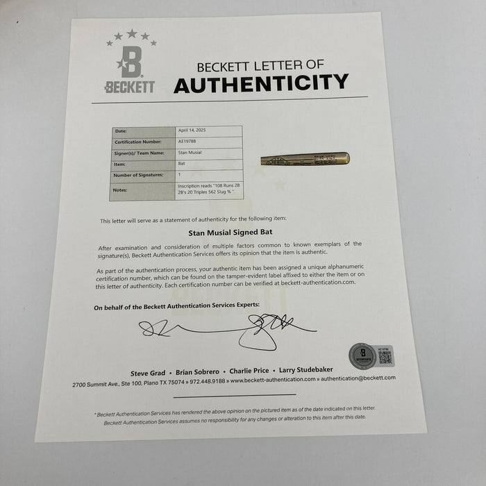 Stan Musial Batting Champion Signed Inscribed STATS Silver Baseball Bat Beckett