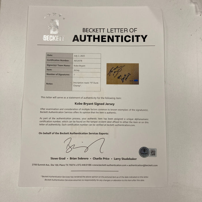 Kobe Bryant "1997 Dunk Champ" Signed Los Angeles Lakers Jersey Panini & Beckett