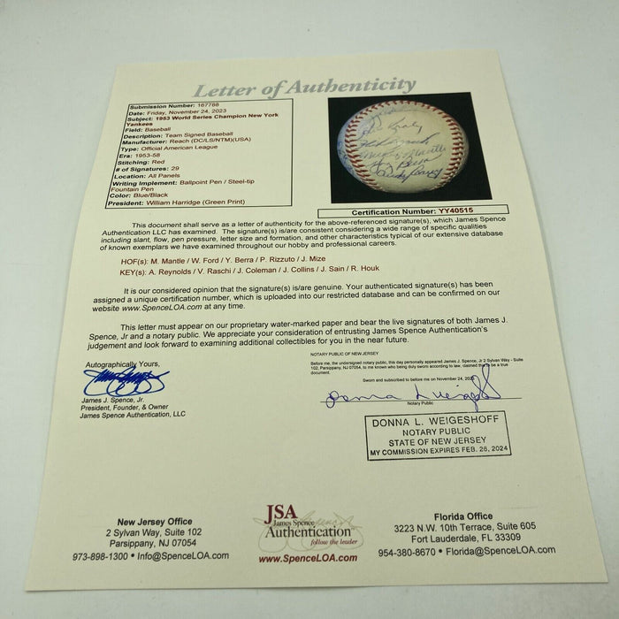 1953 New York Yankees World Series Champs Team Signed Baseball Mickey Mantle JSA