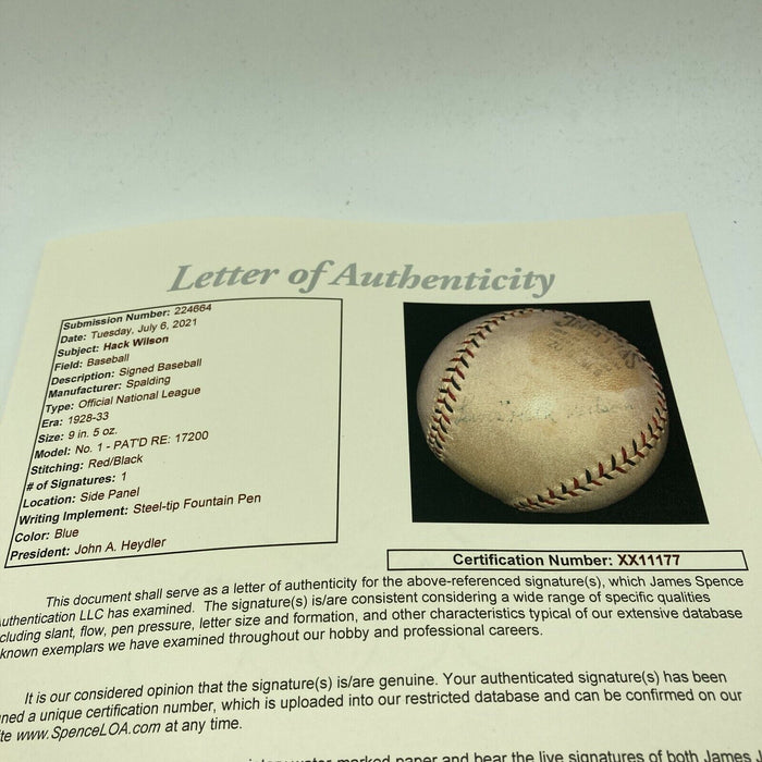 Hack Wilson Single Signed 1928 Official National League Baseball JSA COA RARE