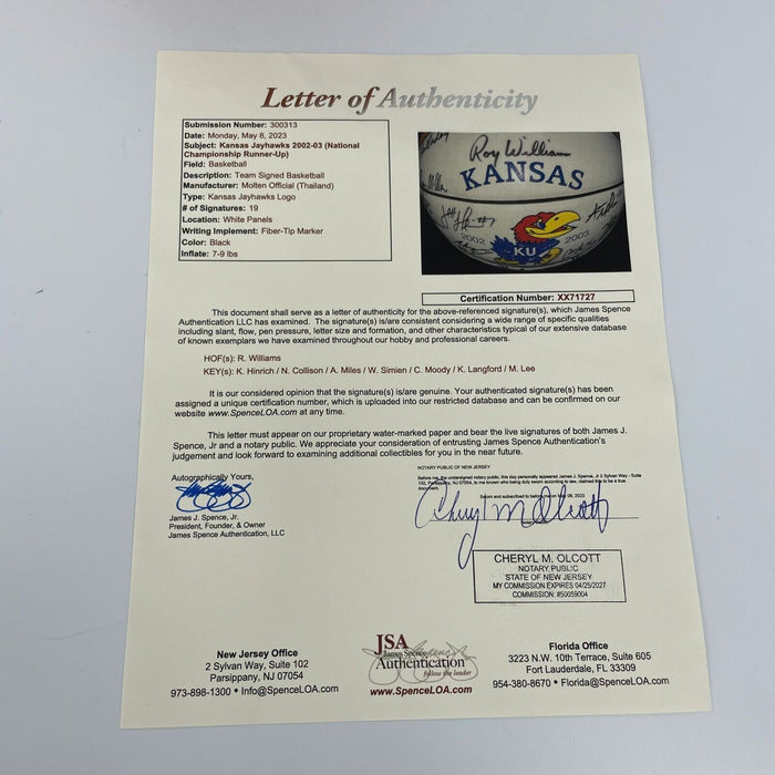 2002-03 Kansas Jayhawks Team Signed Basketball NCAA Champs Runner Up JSA COA