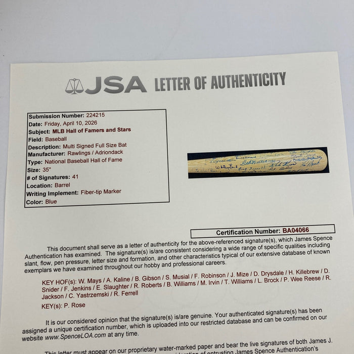 Beautiful Hall Of Fame Multi Signed Baseball Bat 41 Sigs Ted Williams Mays JSA