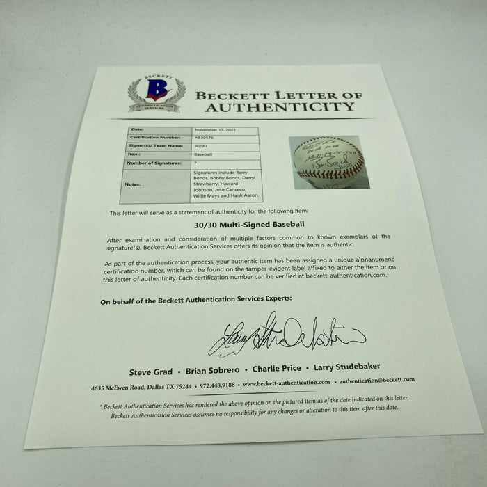 Willie Mays Hank Aaron Barry Bonds 30/30 Club Signed Inscribed Baseball Beckett