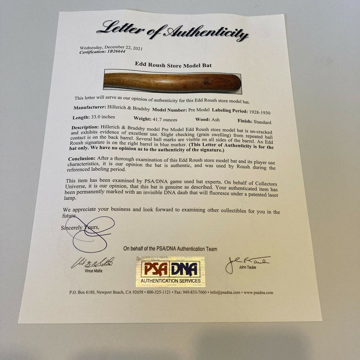 Edd Roush Signed 1928 Game Used Louisville Slugger Baseball Bat PSA DNA COA