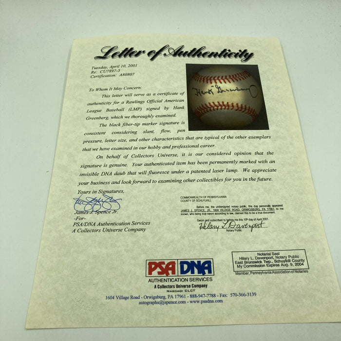 Hank Greenberg Single Signed American League Baseball PSA DNA & JSA Graded 8