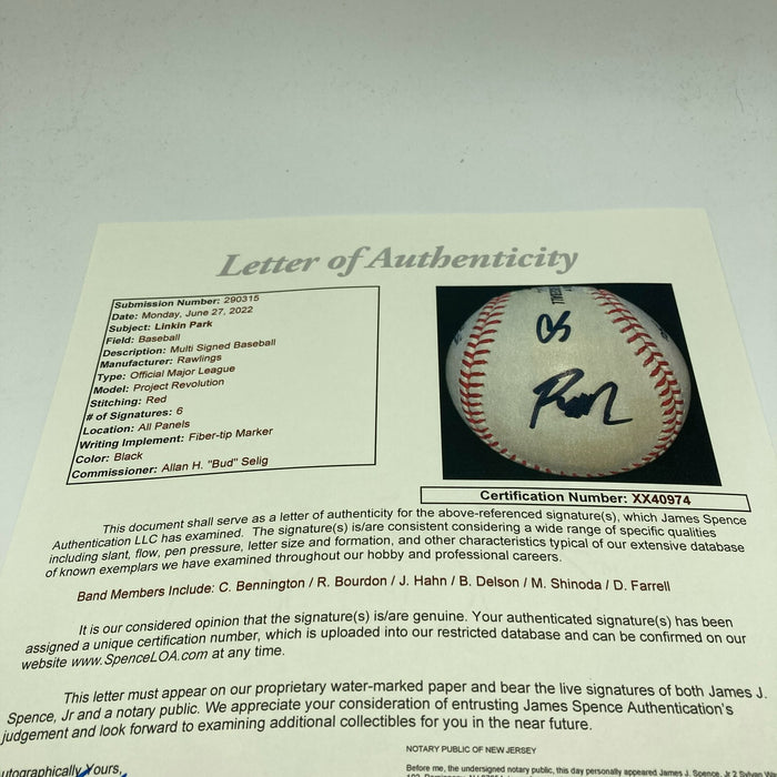Linkin Park Band Signed Baseball 6 Signatures With Chester Bennington JSA COA