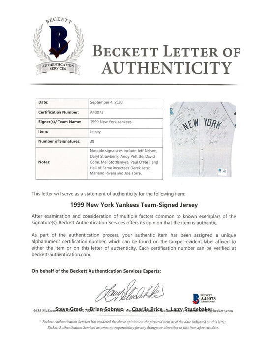 1999 Yankees Team Signed World Series Game Used Jersey Derek Jeter Beckett COA