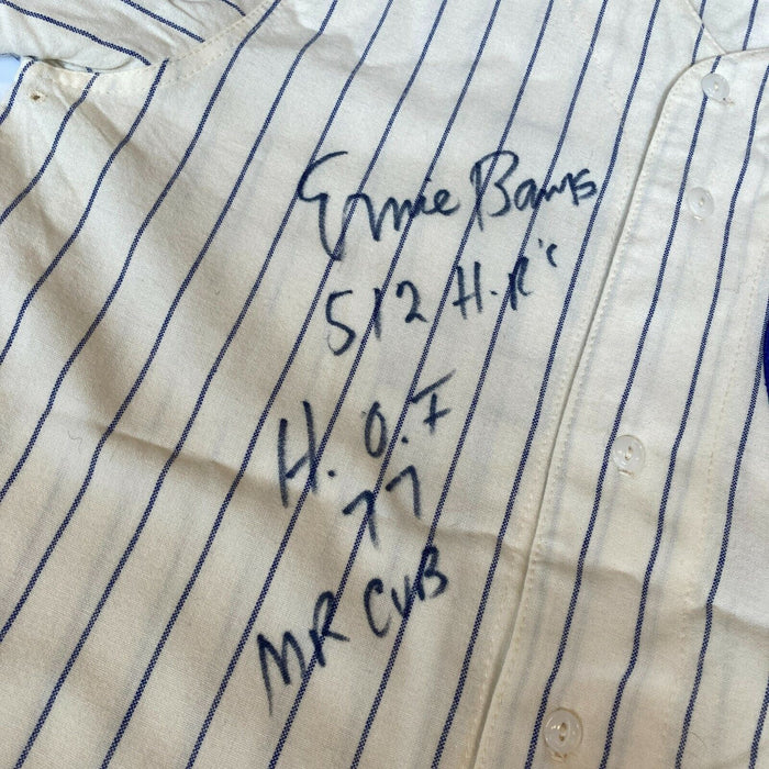Beautiful Ernie Banks Signed Heavily Inscribed STATS Chicago Cubs Jersey Beckett