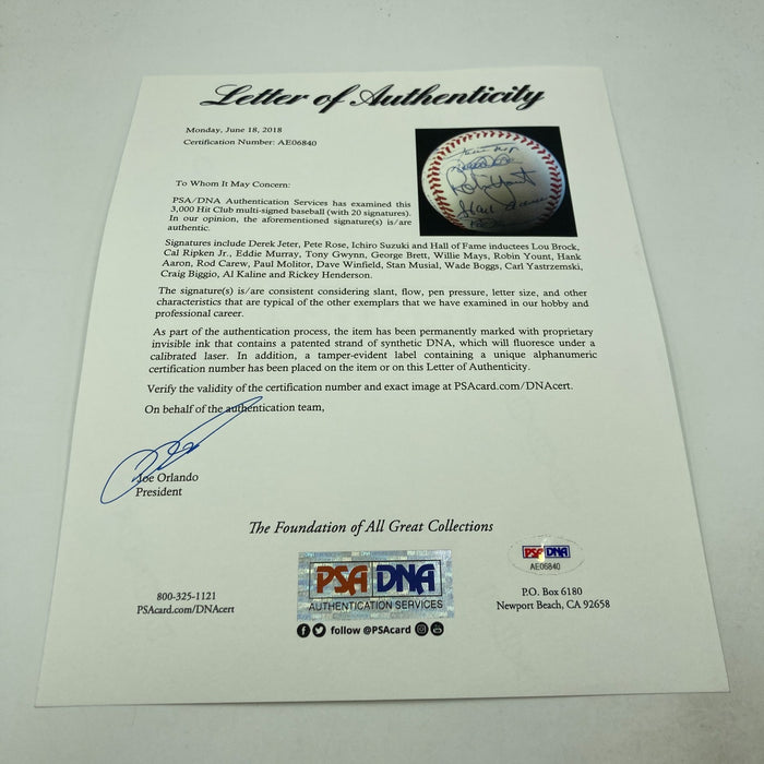 3000 Hit Club Signed Baseball 20 Sigs Willie Mays Derek Jeter Ichiro PSA