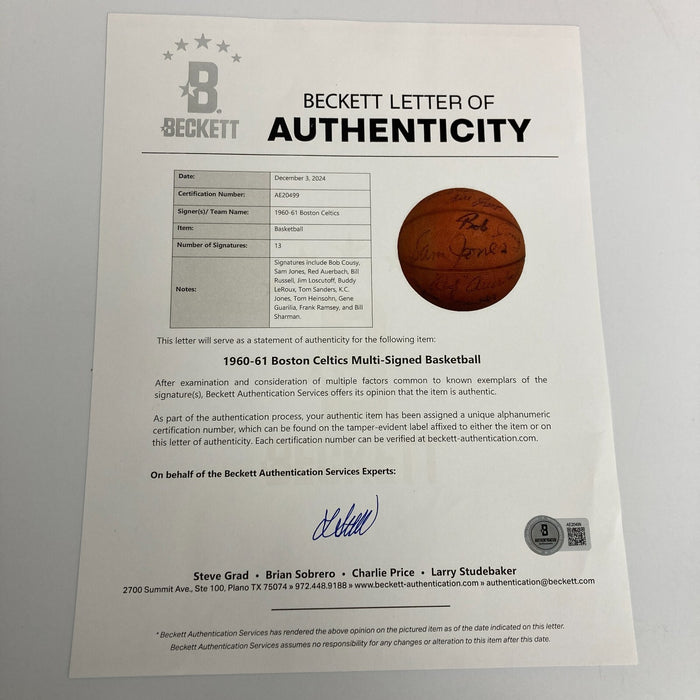 1960-61 Boston Celtics NBA Champs Team Signed Vintage Basketball Beckett COA