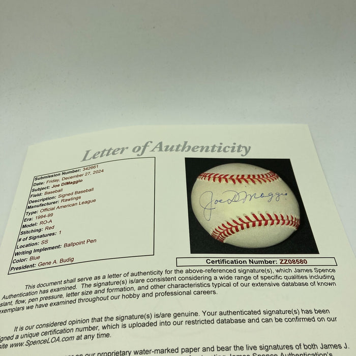 Nice Joe Dimaggio Signed Official American League Baseball JSA COA