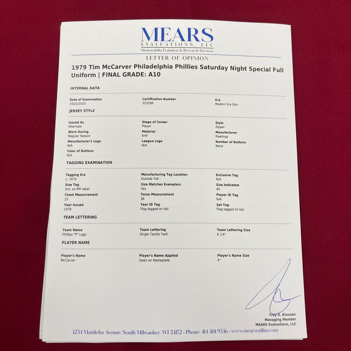 Tim McCarver 1979 Saturday Night Special Phillies Game Used Jersey MEARS A10