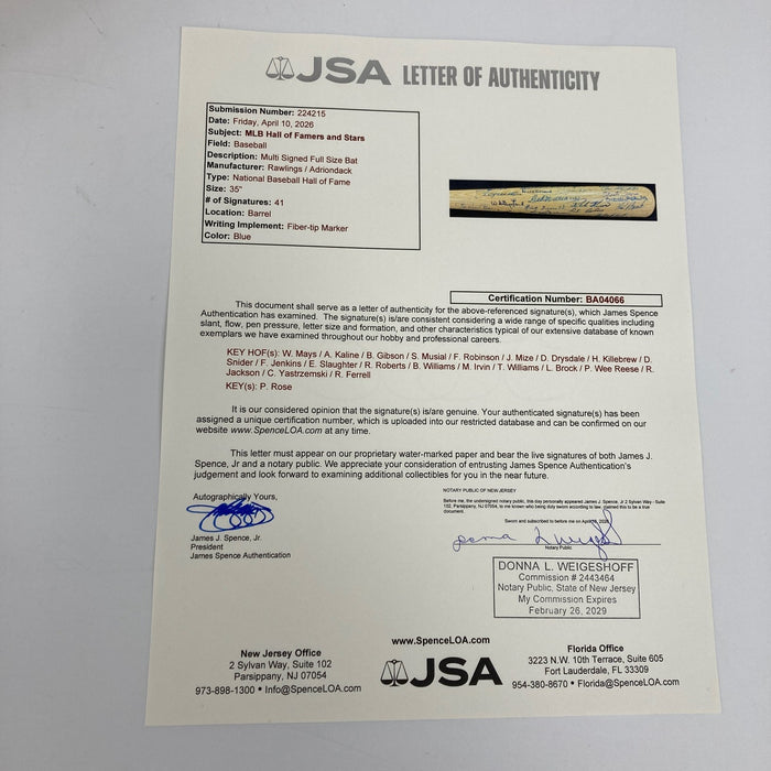 Beautiful Hall Of Fame Multi Signed Baseball Bat 41 Sigs Ted Williams Mays JSA
