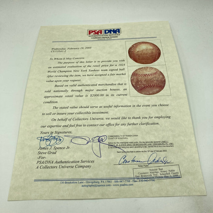 1923 NY Yankees World Series Champs Team Signed Baseball Babe Ruth JSA & PSA