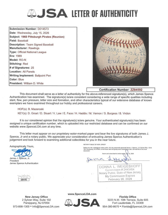 1960 Pittsburgh Pirates World Series Champs Team Signed Baseball 25 Sigs JSA COA