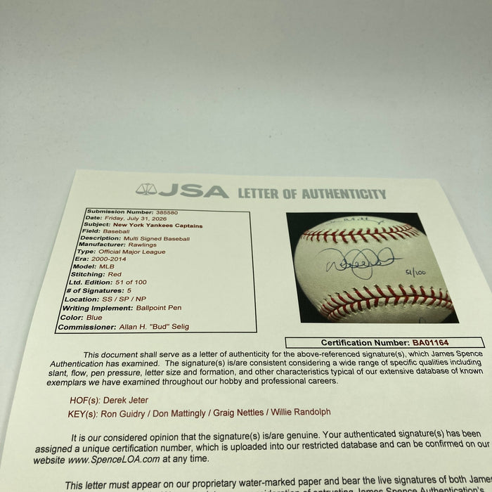 Derek Jeter & Don Mattingly Yankees Captains Multi Signed Baseball JSA COA