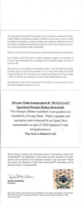 Dwyane Wade "2008 USA Gold" Signed Official Olympics FIBA Basketball UDA COA