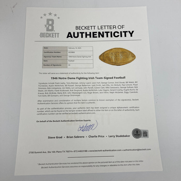 1946 Notre Dame Fighting Irish NCAA National Champs Team Signed Football PSA DNA