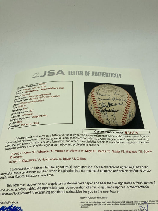 1956 All Star Game Team Signed Baseball Willie Mays Hank Aaron 32 Sigs JSA COA