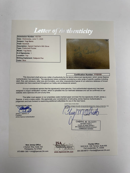 Yogi Berra Signed 1950's Spalding Game Model Catcher's Mitt Glove JSA COA