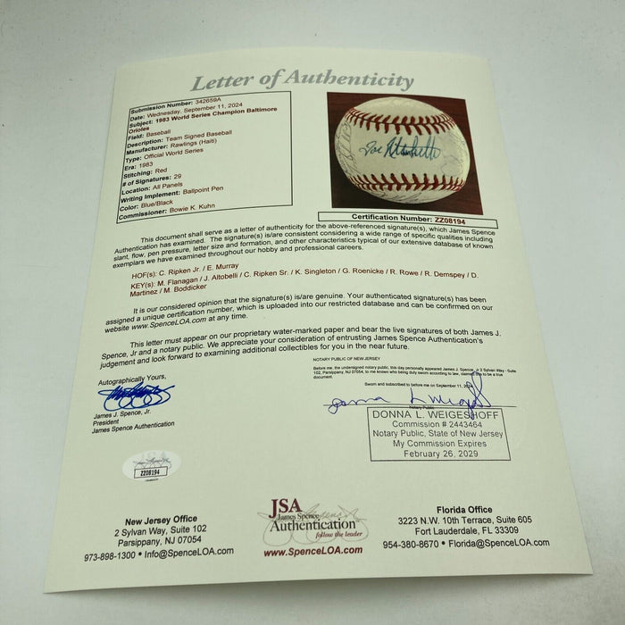 1983 Baltimore Orioles World Series Champs Team Signed W.S. Baseball JSA COA