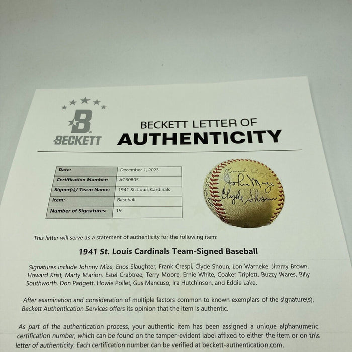 1941 St. Louis Cardinals Team Signed National League Baseball Beckett COA