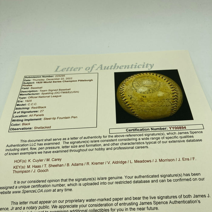 Historic 1925 Pittsburgh Pirates World Series Champs Team Signed Baseball JSA