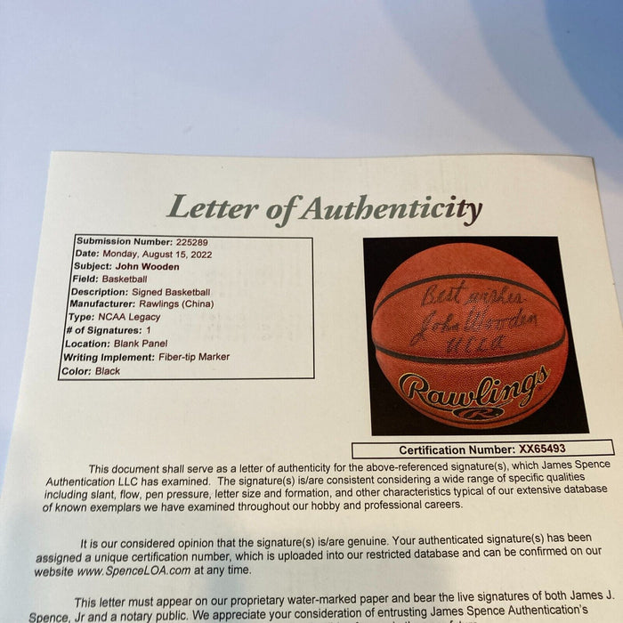 John Wooden "UCLA" Signed Rawlings NCAA Basketball JSA COA