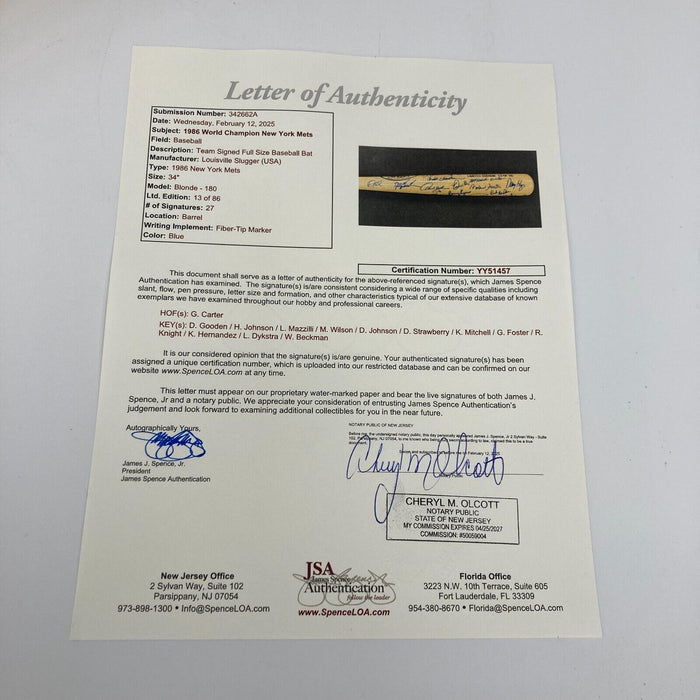 1986 New York Mets World Series Champs Team Signed Bat 27 Sigs JSA COA