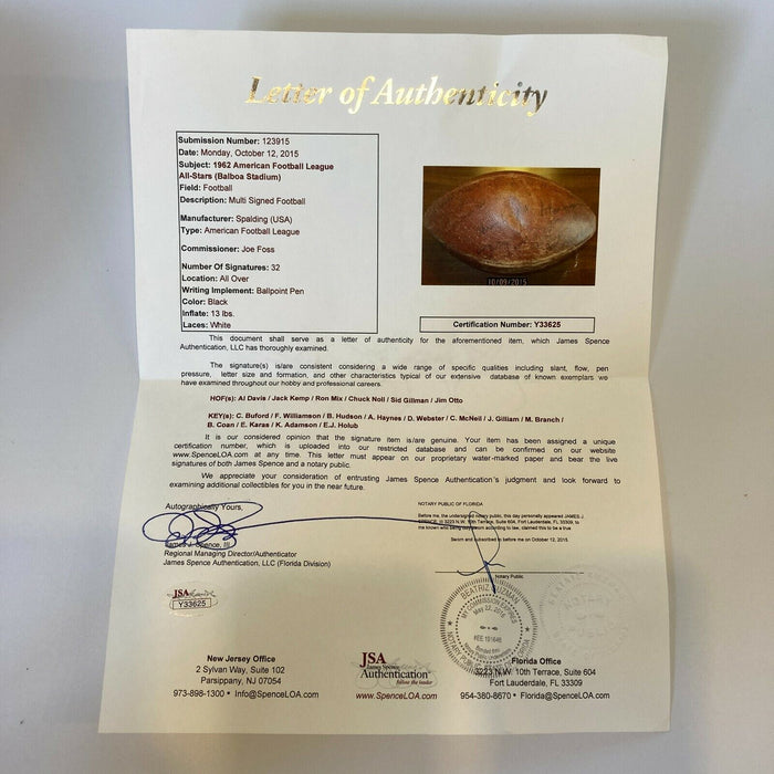 1962 All Star Game AFL Team Signed Game Used Football Al Davis Jack Kemp JSA COA