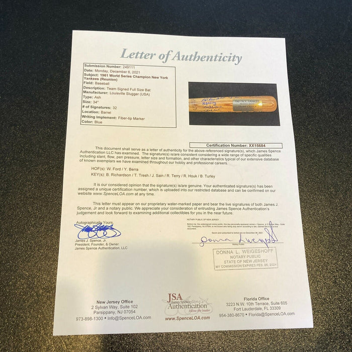 1961 New York Yankees World Series Champs Team Signed Baseball Bat With JSA COA