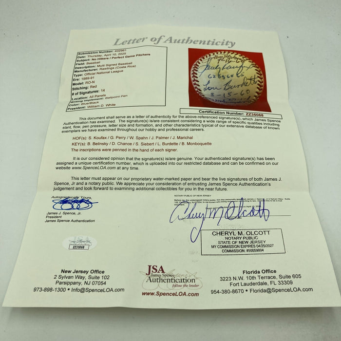 Perfect Game & No Hitter Multi Signed Baseball Sandy Koufax 14 Sigs JSA COA