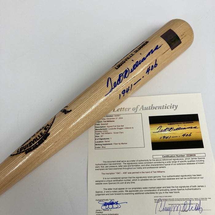 Beautiful Ted Williams "1941-.406" Signed Game Model Baseball Bat MINT JSA COA