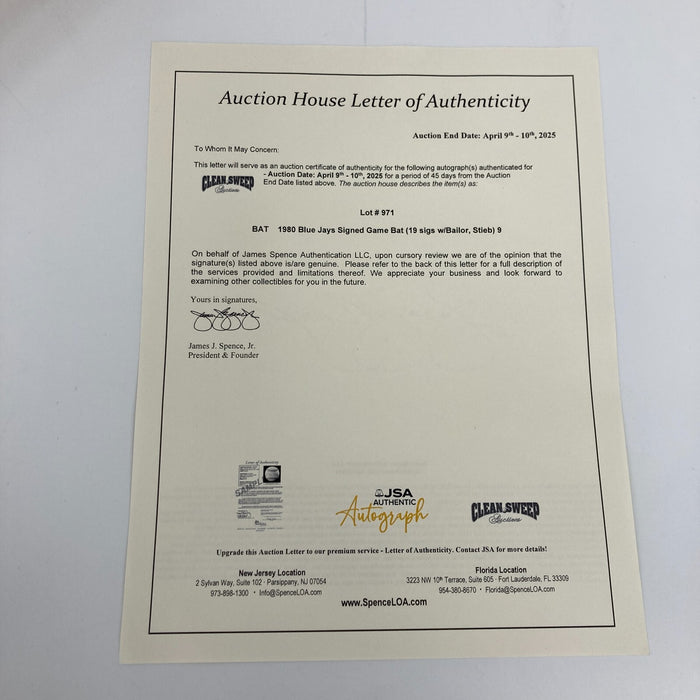 1980 Toronto Blue Jays Team Signed Game Used Baseball Bat JSA COA