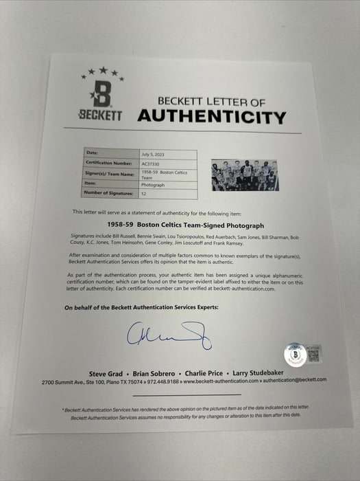 1958-59 Boston Celtics NBA Champs Team Signed 18x24 Photo Bill Russell Beckett