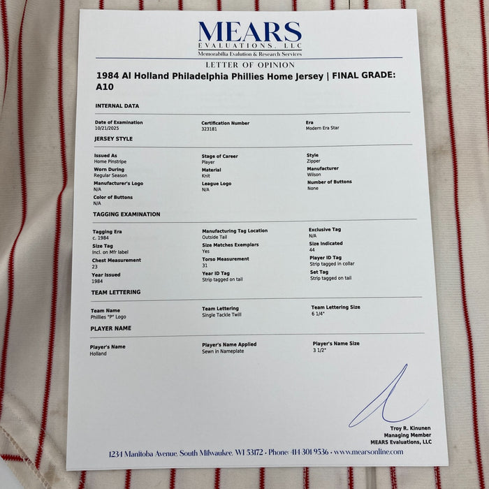 Al Holland 1984 Game Used Philadelphia Phillies Jersey MEARS A10 The Finest