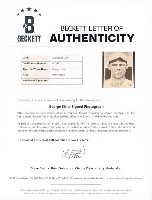 George Sisler Signed 8x10 Photo Beckett Graded 10 GEM MINT Auto