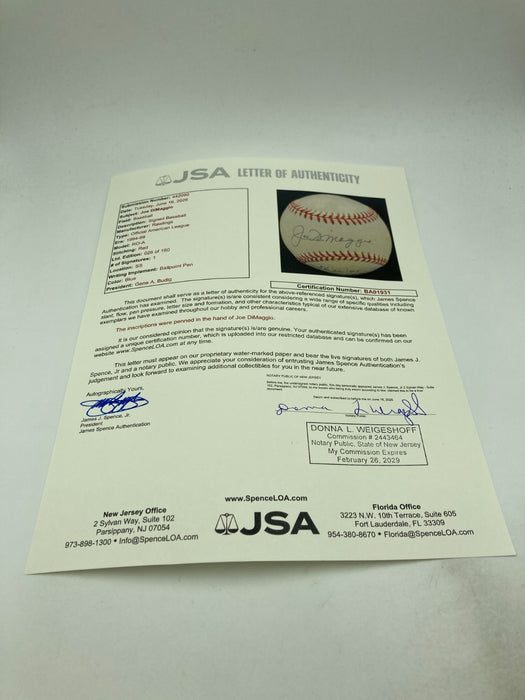 Joe Dimaggio Signed Heavily Inscribed STAT Baseball JSA COA