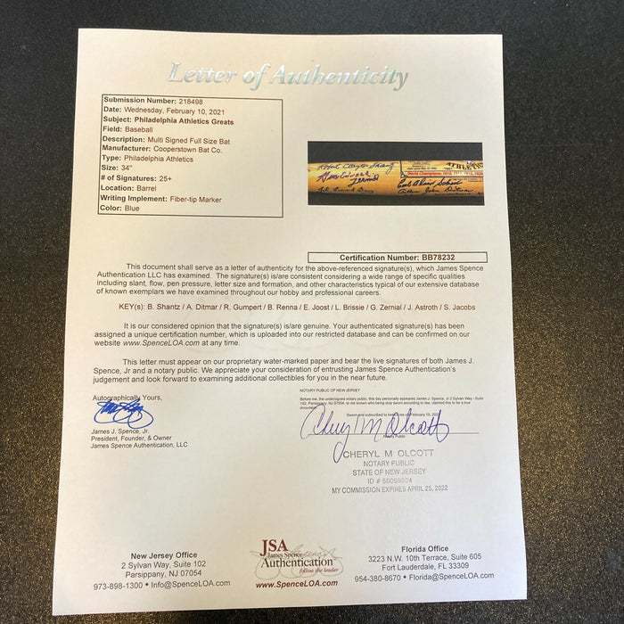 Rare Philadelphia Athletics Legends Full Name Signed Inscribed Bat With JSA COA