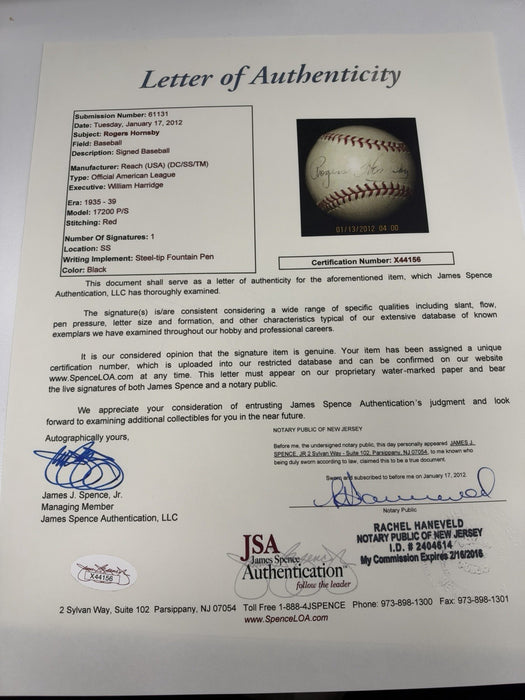 The Finest Rogers Hornsby Single Signed 1935 American League Baseball PSA & JSA