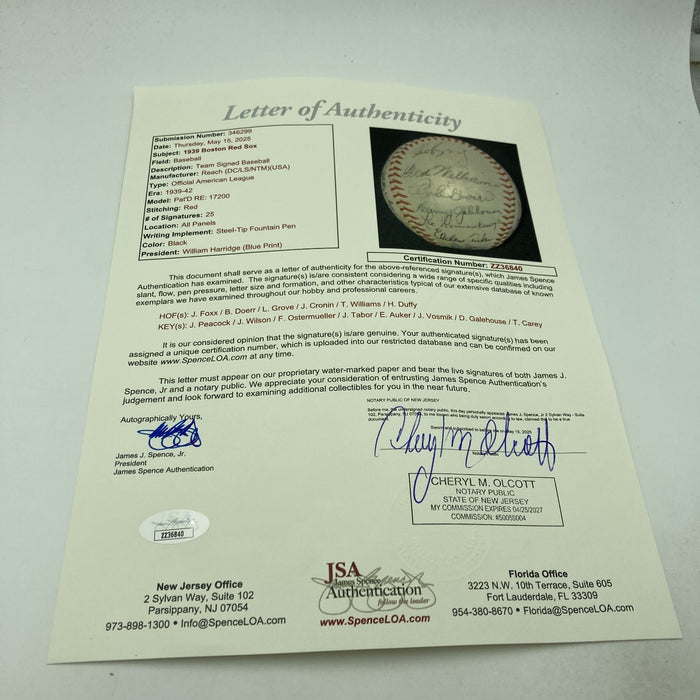 Ted Williams Rookie 1939 Boston Red Sox Team Signed Baseball Jimmie Foxx JSA COA