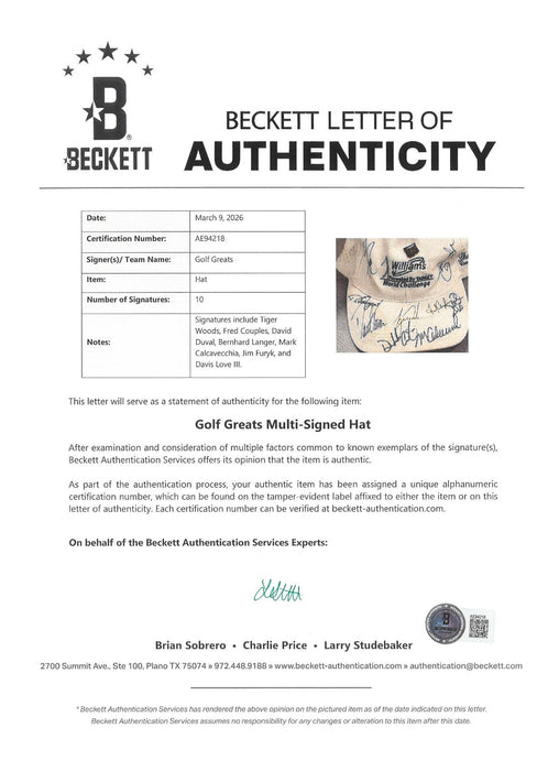 Tiger Woods Fred Couples Davis Love Golf Legends Multi Signed Hat Beckett COA