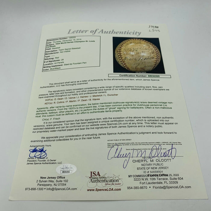 1934 St. Louis Cardinals World Series Champs Team Signed Baseball With JSA COA