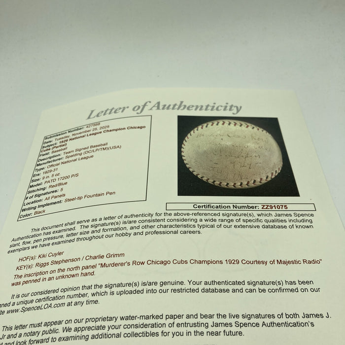 1929 Chicago Cubs Murderer’s Row Signed Baseball JSA COA