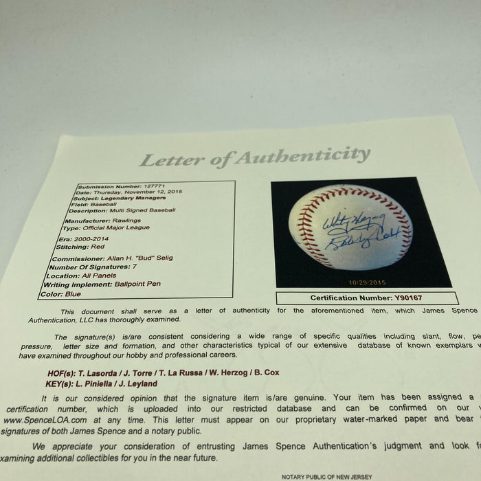 HOF Managers Signed Baseball LaSorda Torre Pinella Herzog Cox LaRussa JSA COA