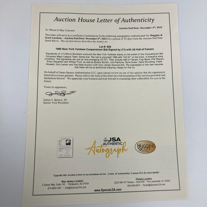 Yogi Berra Phil Rizzuto Whitey Ford New York Yankees Legends Signed Bat JSA COA